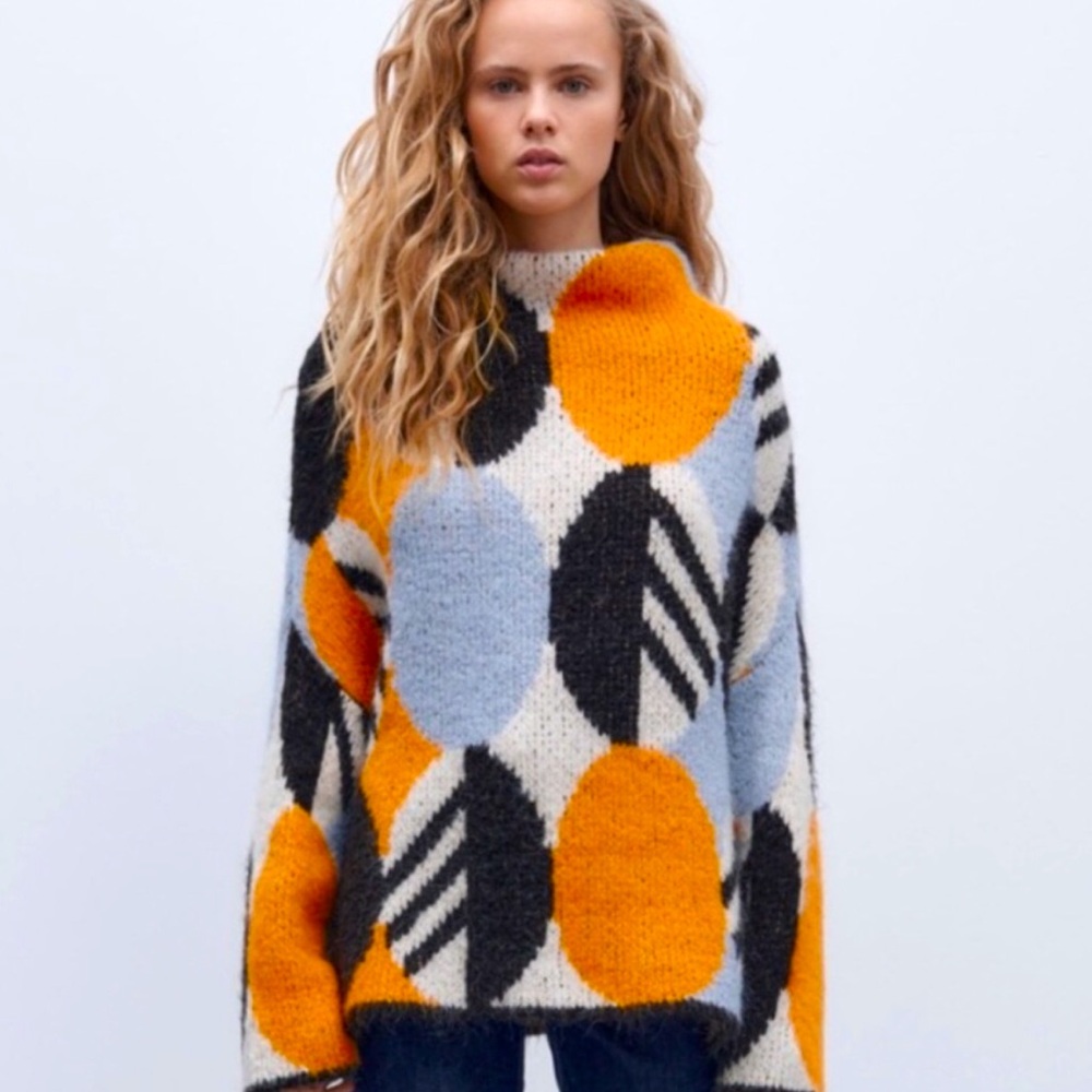 NWT Zara Sweater Dolman Sleeve Chunky Geometric Cozy Mock Turtle Ivory Black